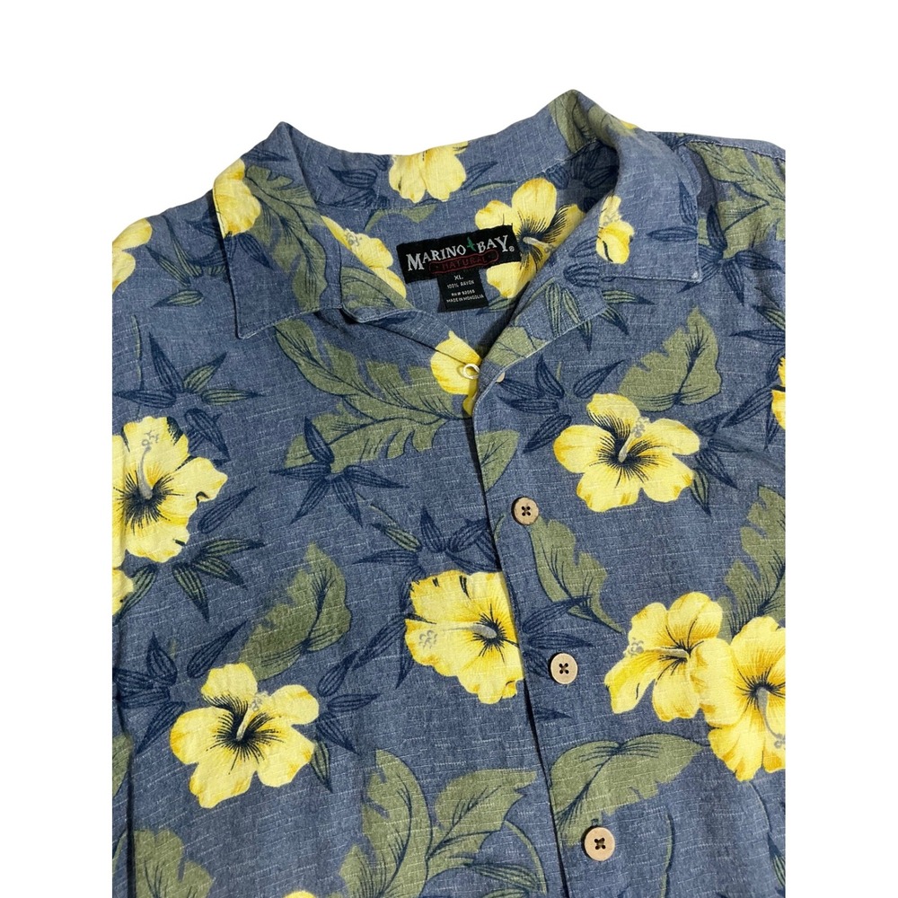 Marino‎ Bay Mens XL Blue Yellow Hibiscus Floral Rayon Hawaiian Button Up Shirt